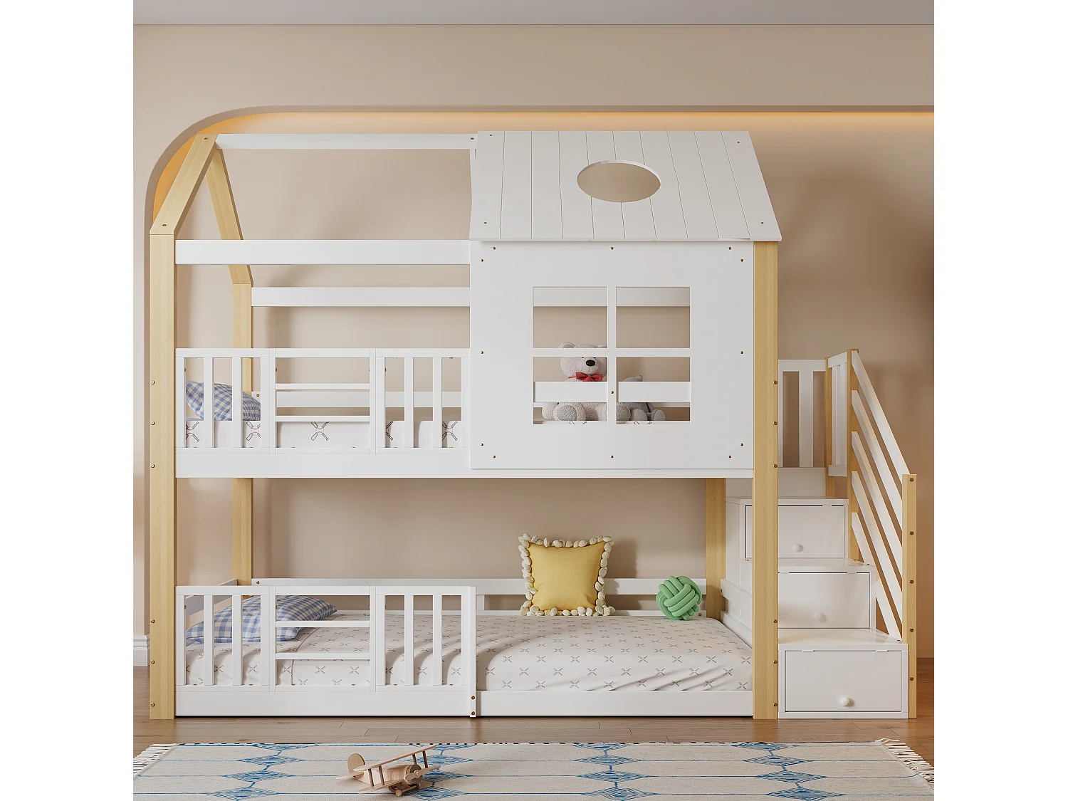 Lit superposé cabane 90x200 cm en pin et MDF blanc/naturel – Escalier avec rangement, barrières, fenêtres et toit