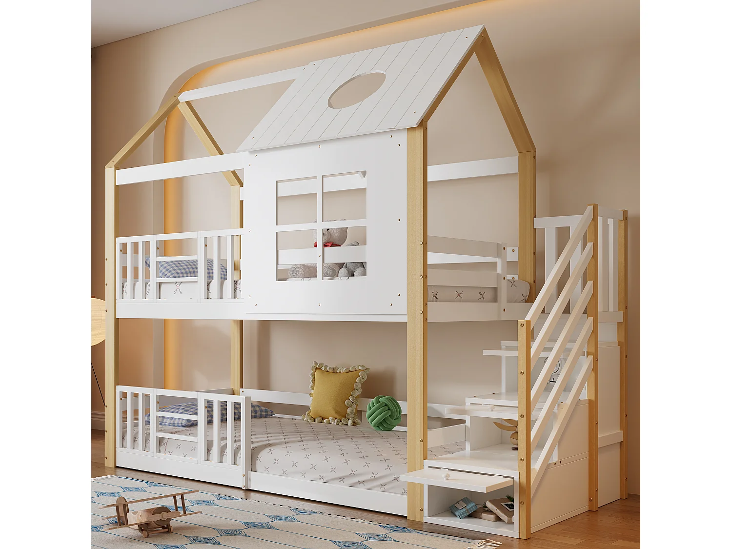 Lit superposé cabane 90x200 cm en pin et MDF blanc/naturel – Escalier avec rangement, barrières, fenêtres et toit