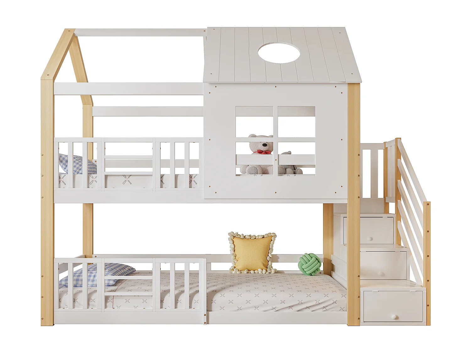 Lit superposé cabane 90x200 cm en pin et MDF blanc/naturel – Escalier avec rangement, barrières, fenêtres et toit