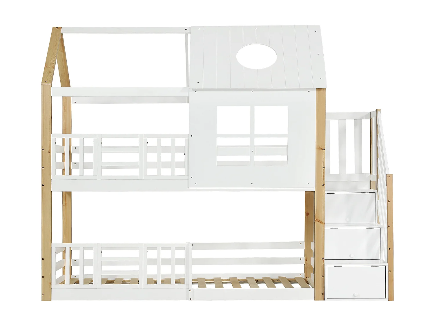 Lit superposé cabane 90x200 cm en pin et MDF blanc/naturel – Escalier avec rangement, barrières, fenêtres et toit