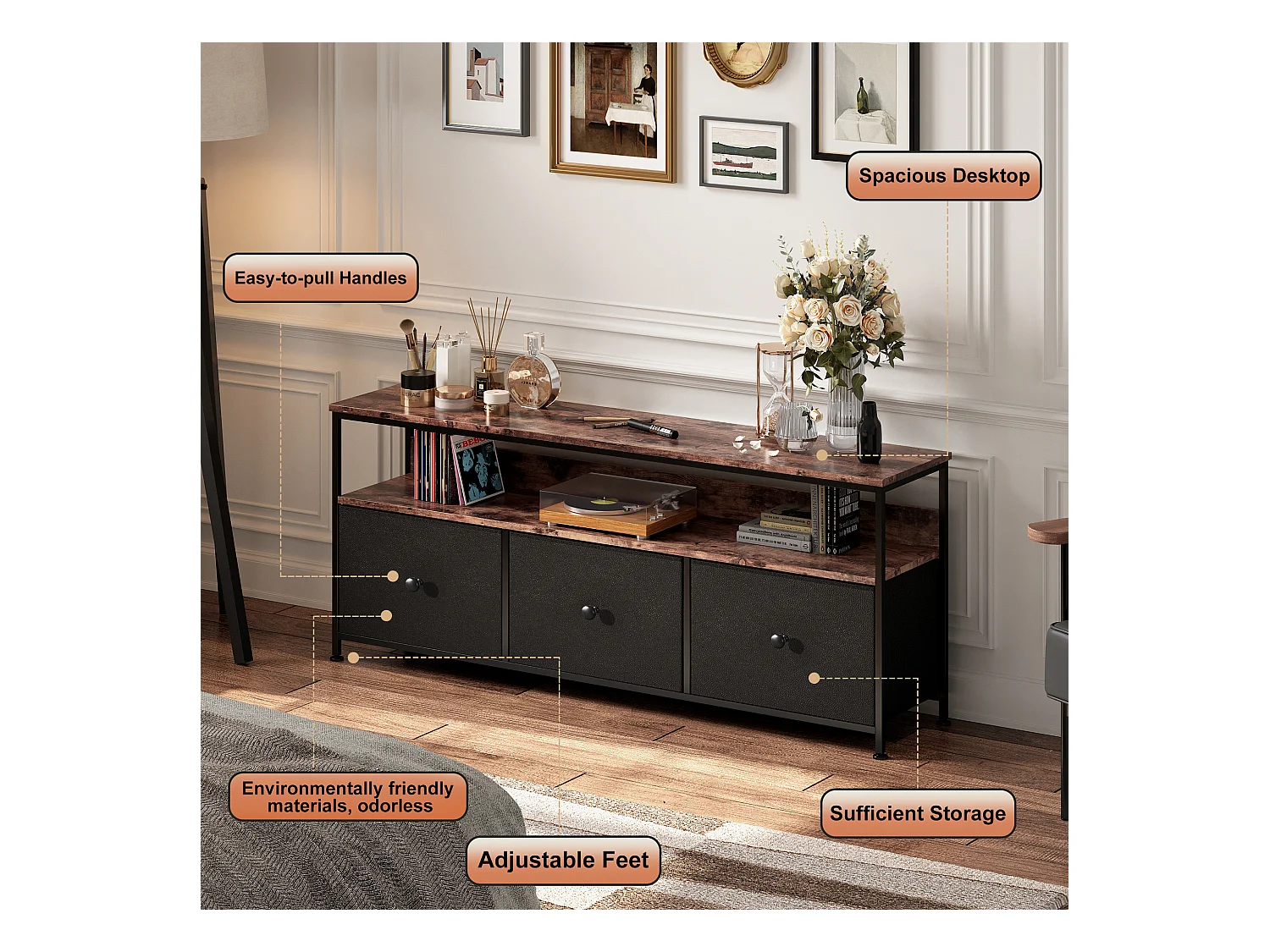 Meuble TV 137 cm avec LED, plateau effet bois tigre, 3 tiroirs en tissu PU noir, cadre métal robuste, pieds réglables, style rétro-moderne