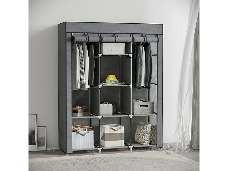 Armadio pieghevole in tessuto grigio scuro con 8 ripiani e asta appendiabiti - 125 x 43 x 162,5 cm, pratico e salvaspazio per la camera da letto