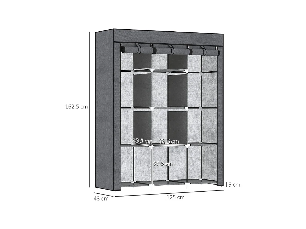 Armoire pliante en tissu gris foncé avec 8 étagères et tringle à vêtements – 125 x 43 x 162,5 cm, pratique et gain de place pour chambre