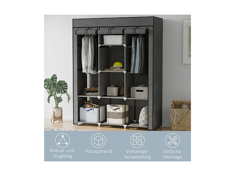 Armoire pliante en tissu gris foncé avec 8 étagères et tringle à vêtements – 125 x 43 x 162,5 cm, pratique et gain de place pour chambre