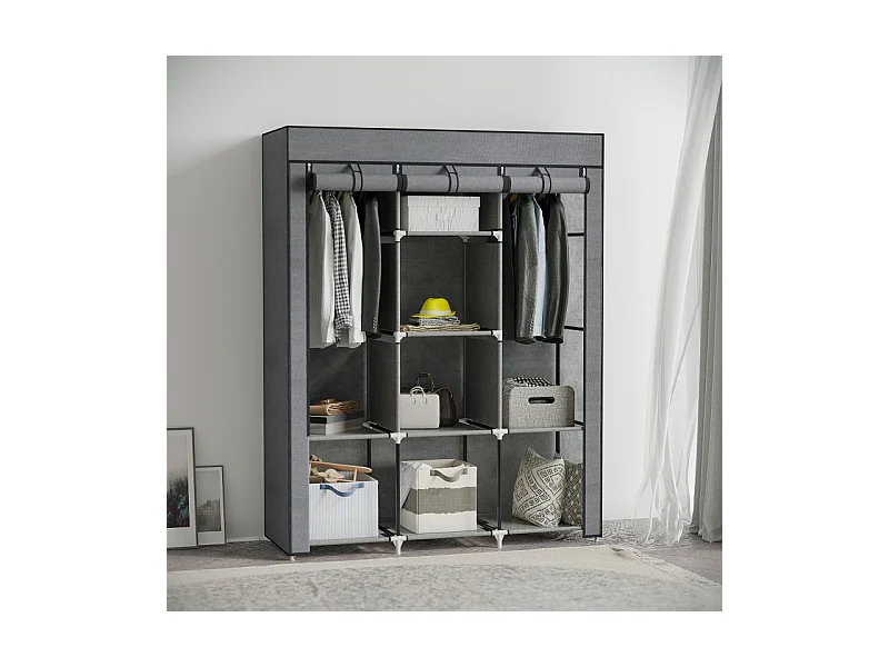 Donkergrijze stoffen opvouwbare kledingkast met 8 planken en kledingstang - 125 x 43 x 162,5 cm, praktisch en ruimtebesparend voor de slaapkamer