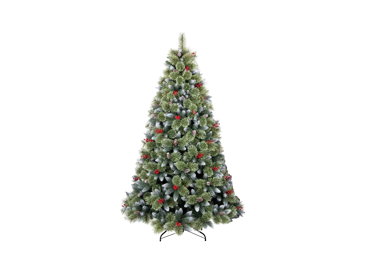 Cortina - Árbol de Navidad nevado en PVC y PP con piñas y bayas Ø121x210H, 1348 puntas