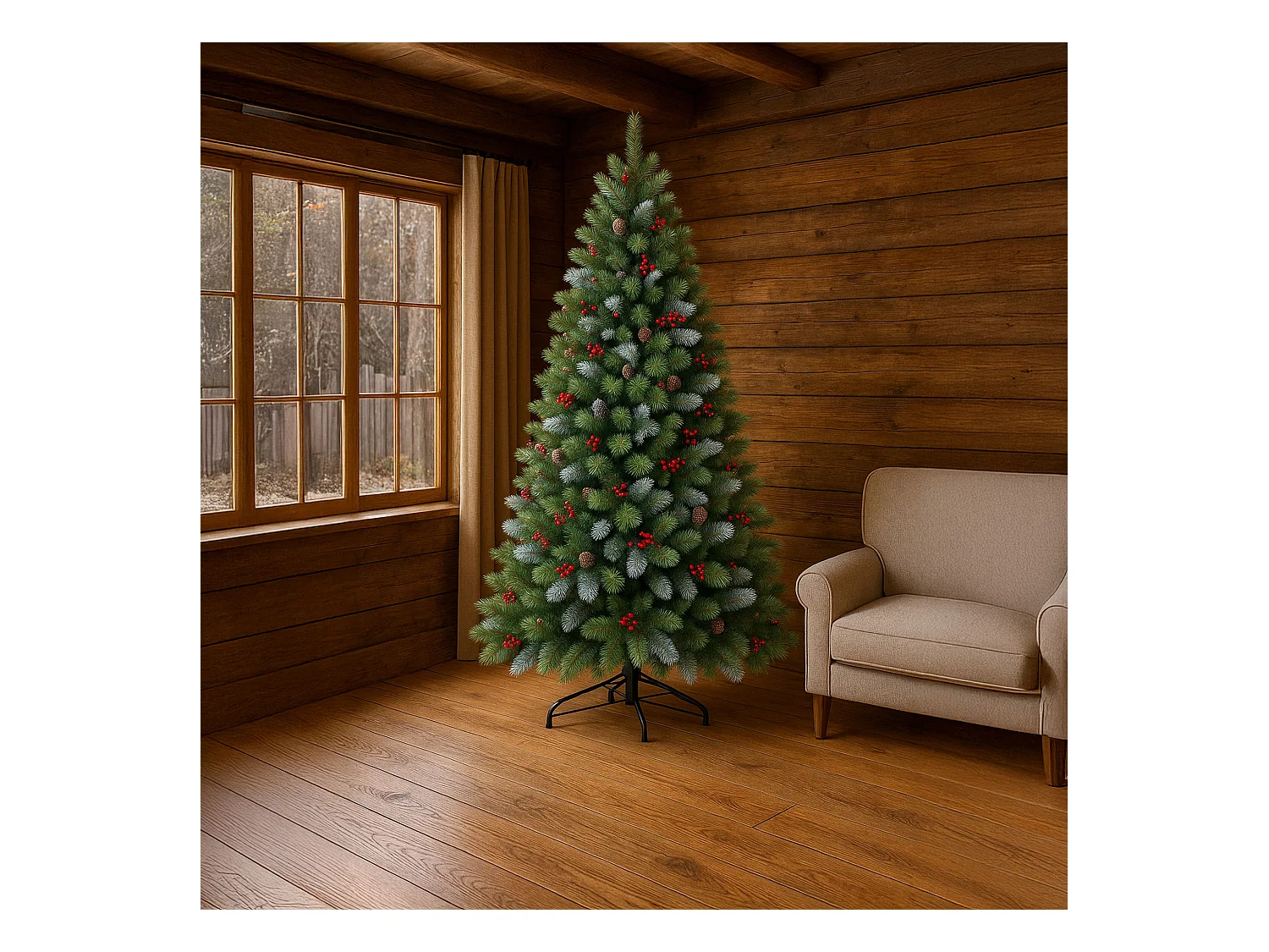 Cortina - Árbol de Navidad nevado en PVC y PP con piñas y bayas Ø121x210H, 1348 puntas