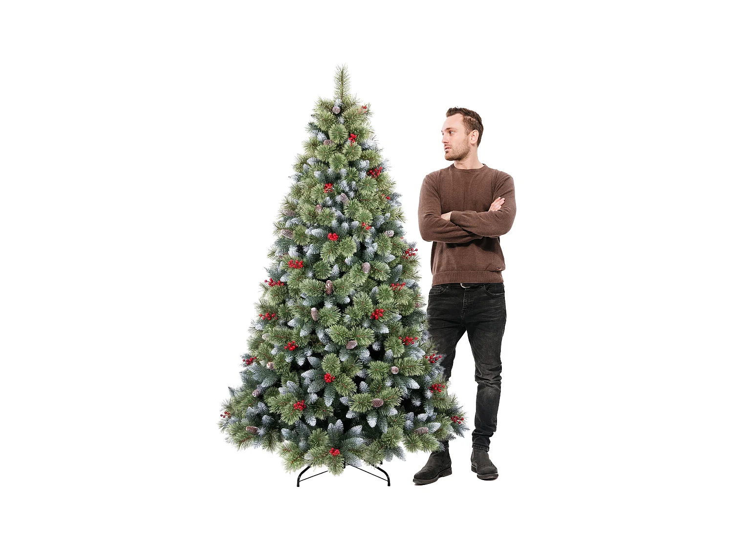 Cortina - Árbol de Navidad nevado en PVC y PP con piñas y bayas Ø121x210H, 1348 puntas