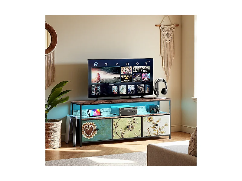 TV-meubel van 137 cm met ledverlichting, tijgerhoutlook bovenkant, 4 gekleurde stoffen lades, metalen frame, moderne opbergruimte met verstelbare poten