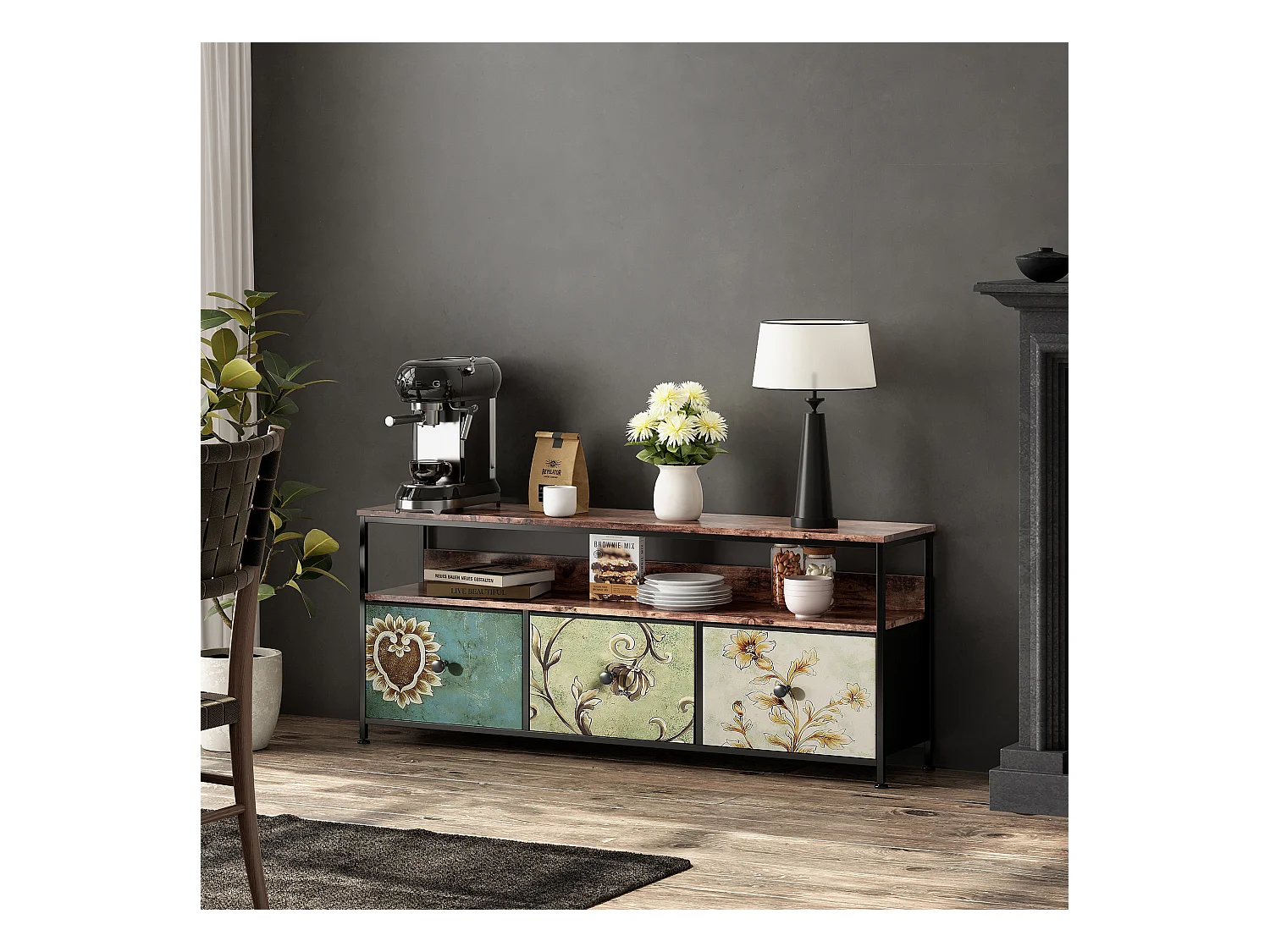 Meuble TV 137 cm avec LED, plateau effet bois tigre, 4 tiroirs en tissu coloré, cadre en métal, rangement moderne avec pieds réglables