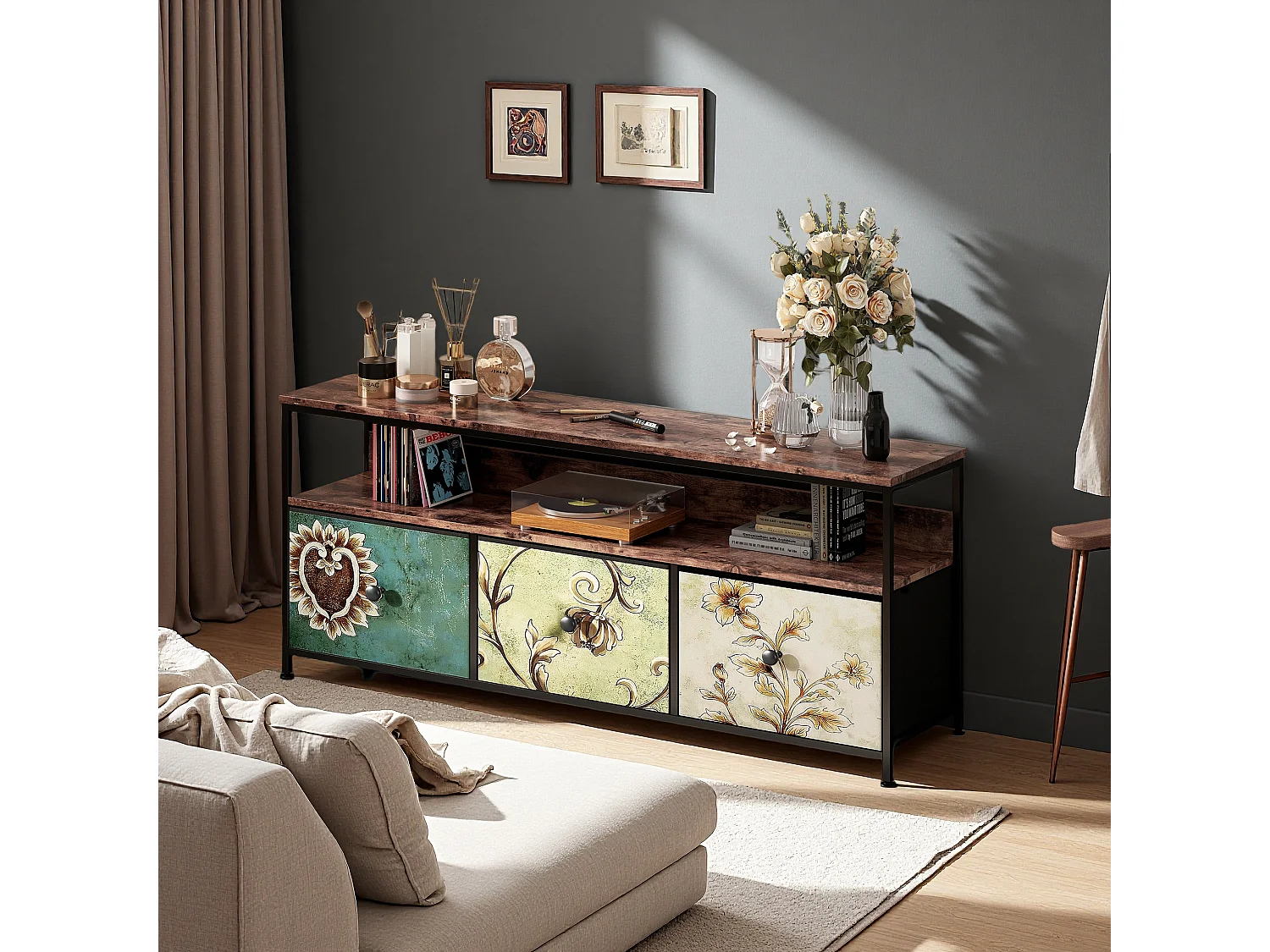 Meuble TV 137 cm avec LED, plateau effet bois tigre, 4 tiroirs en tissu coloré, cadre en métal, rangement moderne avec pieds réglables