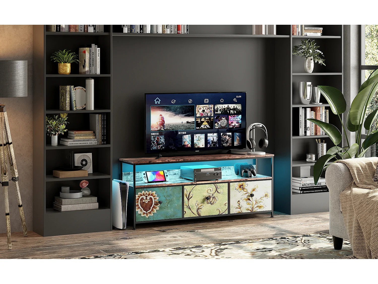 Meuble TV 137 cm avec LED, plateau effet bois tigre, 4 tiroirs en tissu coloré, cadre en métal, rangement moderne avec pieds réglables