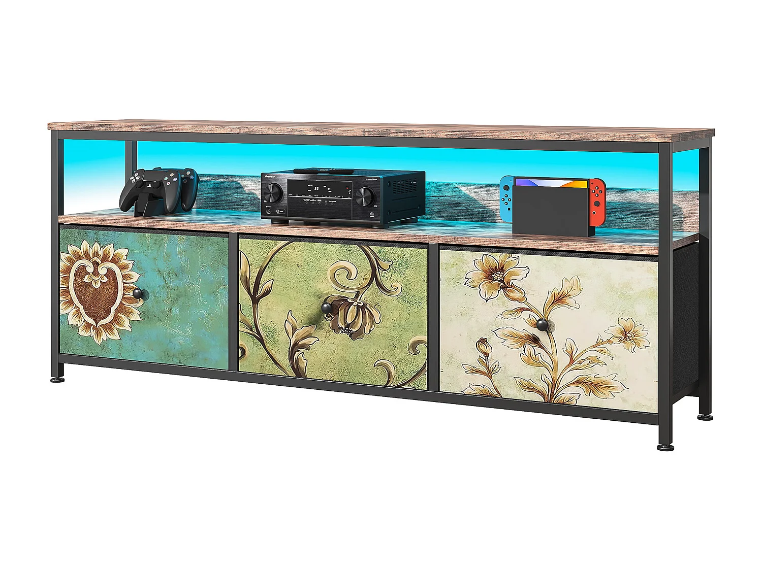 Meuble TV 137 cm avec LED, plateau effet bois tigre, 4 tiroirs en tissu coloré, cadre en métal, rangement moderne avec pieds réglables