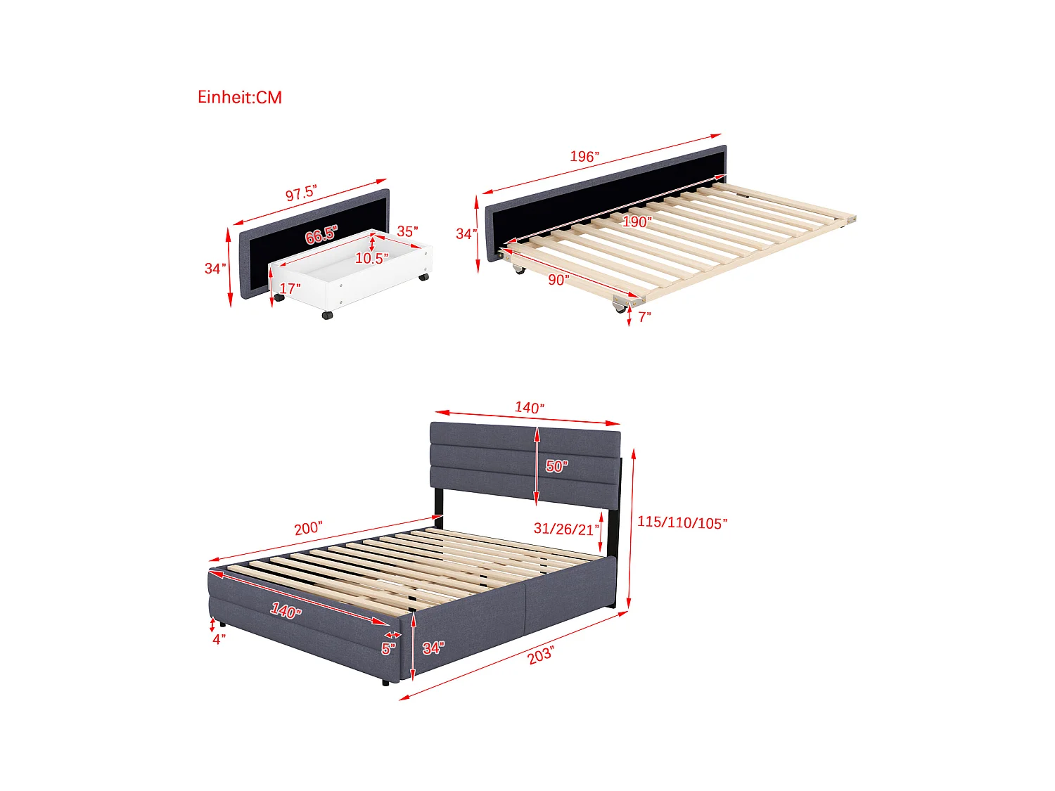 Plattformbett 140x200 cm grau für zwei Personen – Mit zwei Schubladen