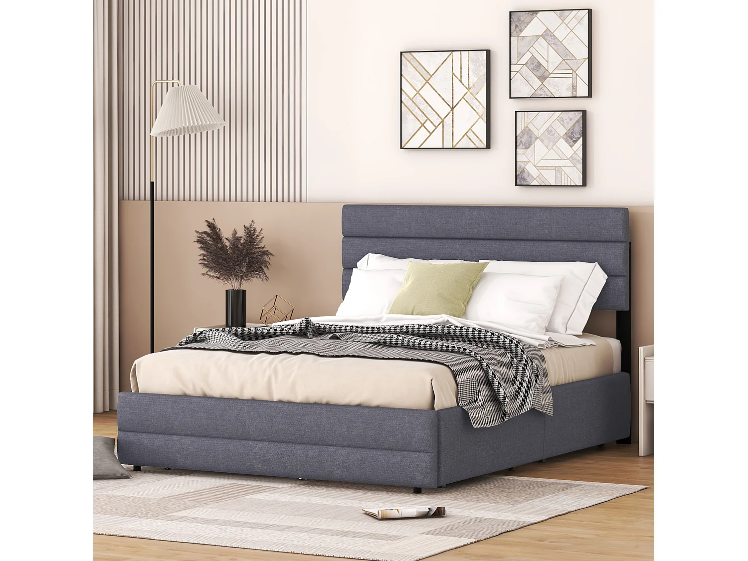Lit plateforme 140x200 cm gris pour deux personnes – Avec deux tiroirs de rangement