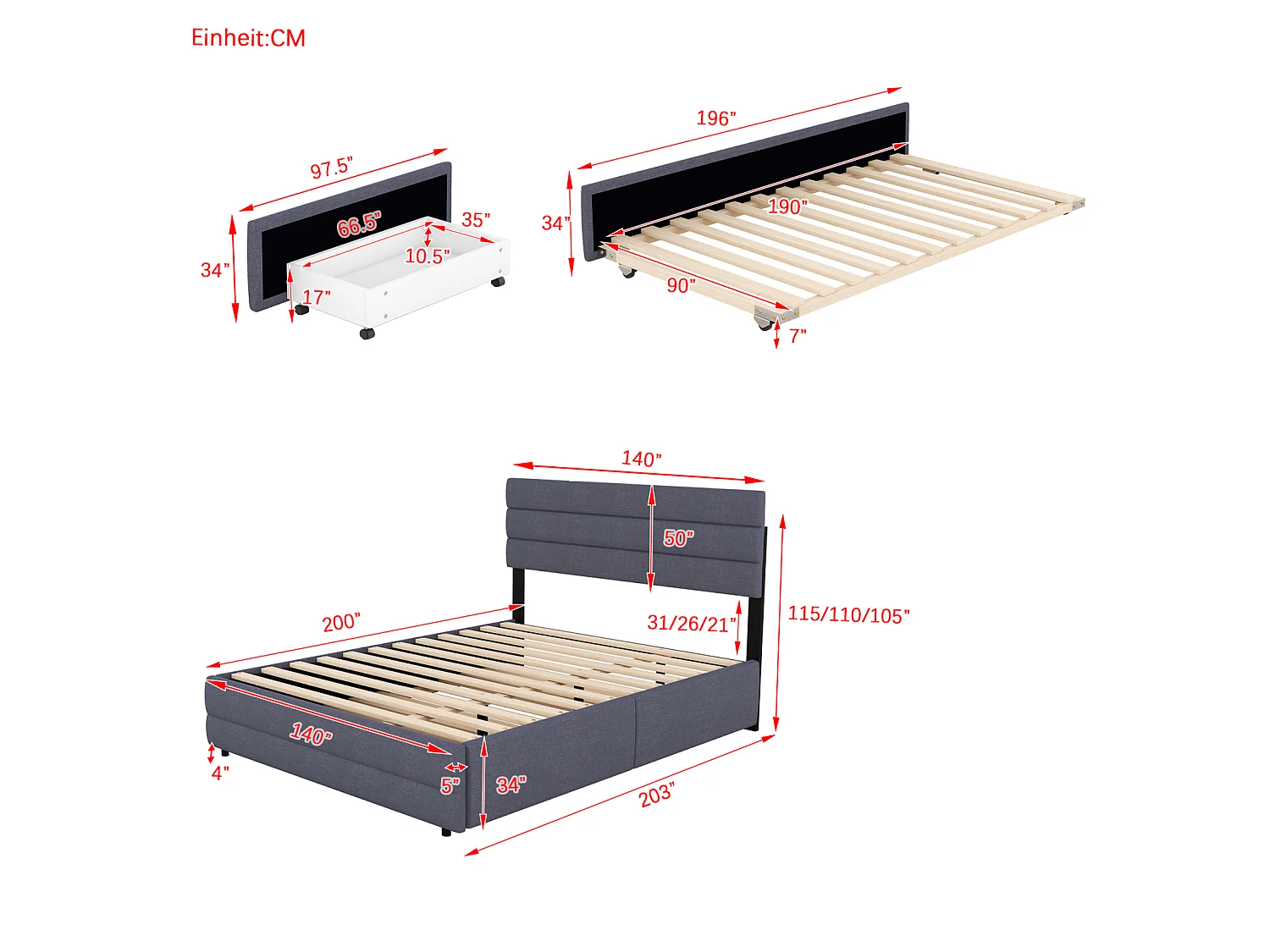 Lit plateforme 140x200 cm gris pour deux personnes – Avec deux tiroirs de rangement