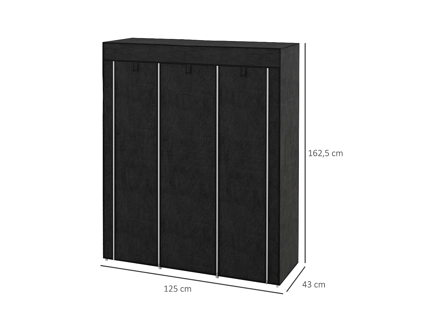 Armoire pliante en tissu noir avec 8 étagères et tringle – 125 x 43 x 162,5 cm, pratique et gain de place pour chambre ou couloir