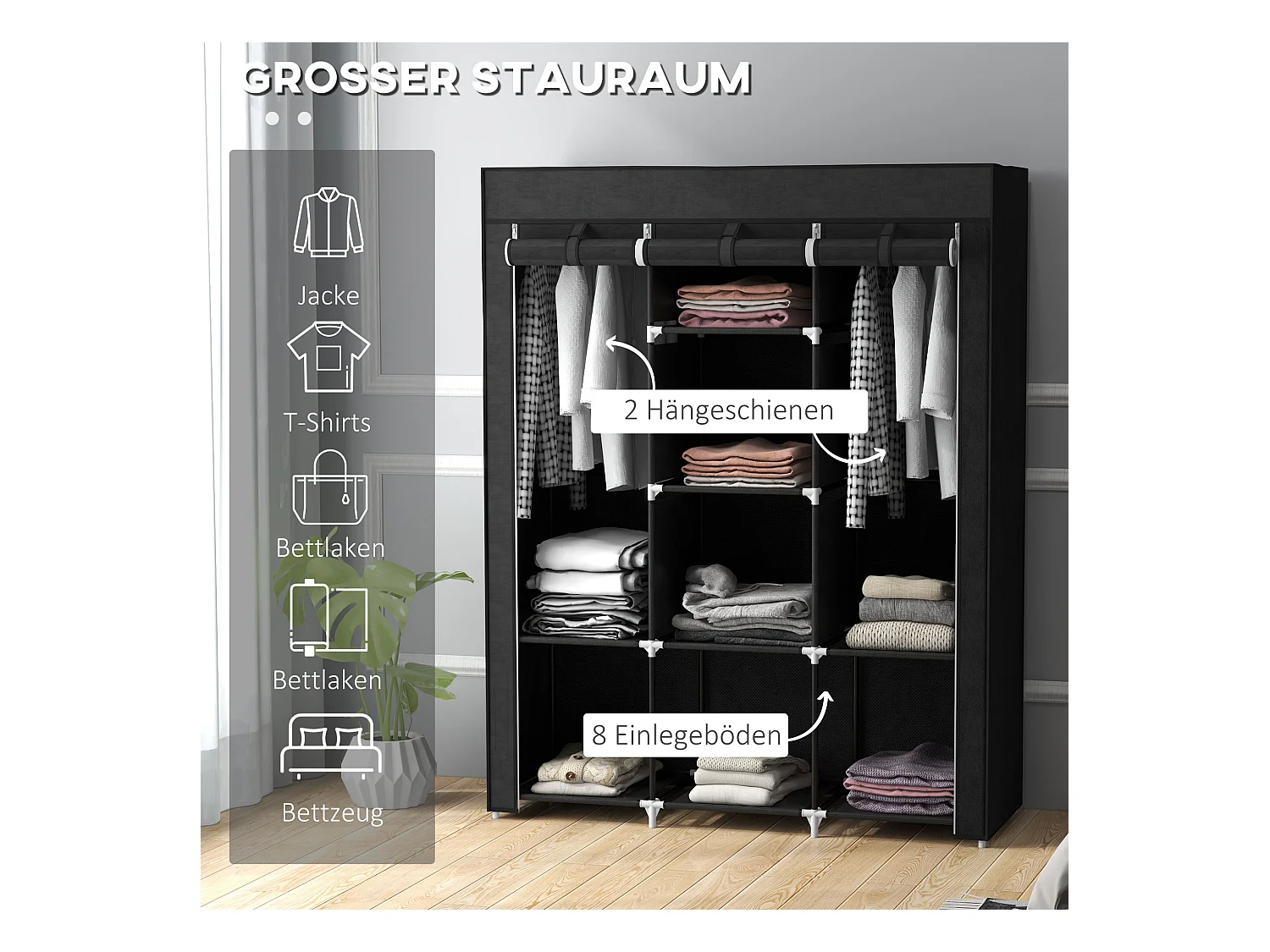 Armoire pliante en tissu noir avec 8 étagères et tringle – 125 x 43 x 162,5 cm, pratique et gain de place pour chambre ou couloir