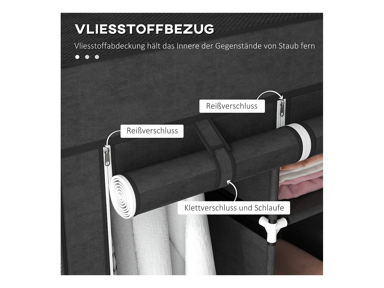 Armoire pliante en tissu noir avec 8 étagères et tringle – 125 x 43 x 162,5 cm, pratique et gain de place pour chambre ou couloir