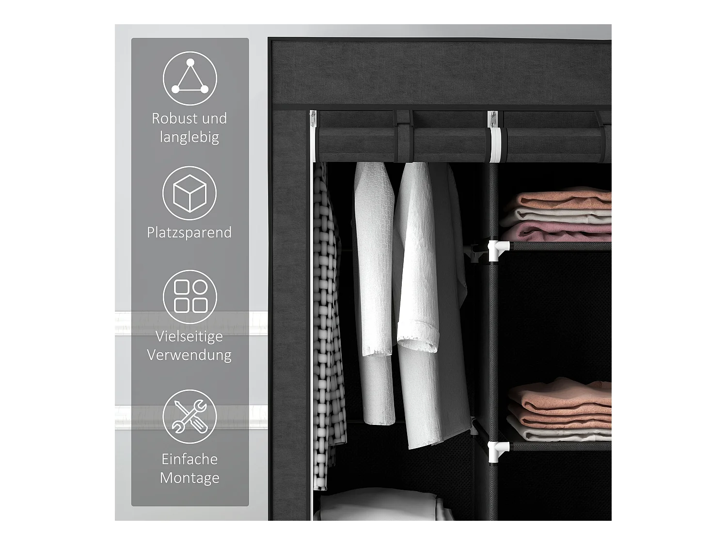 Armoire pliante en tissu noir avec 8 étagères et tringle – 125 x 43 x 162,5 cm, pratique et gain de place pour chambre ou couloir