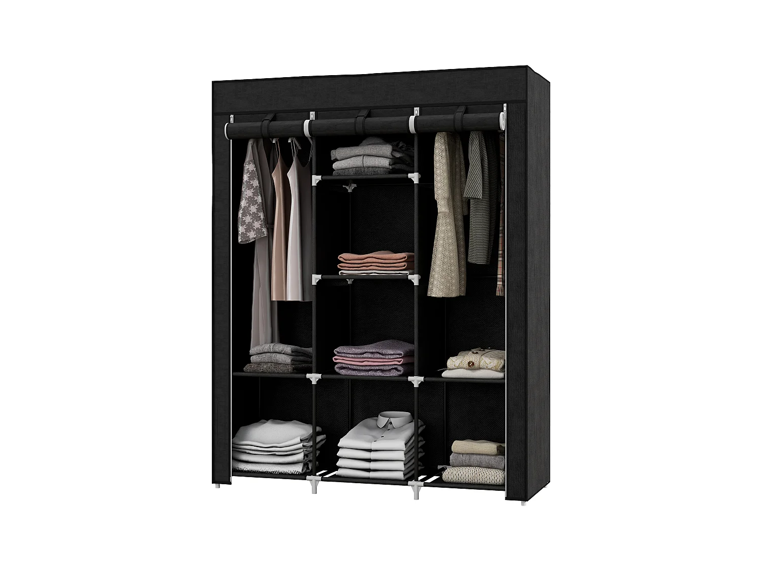 Armoire pliante en tissu noir avec 8 étagères et tringle – 125 x 43 x 162,5 cm, pratique et gain de place pour chambre ou couloir