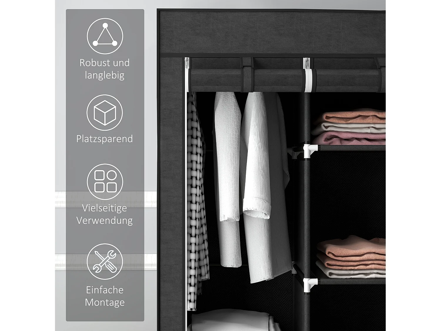 Armario plegable de tela negra con 8 estantes y barra para colgar ropa - 125 x 43 x 162,5 cm, práctico y ahorra espacio para dormitorio o pasillo.