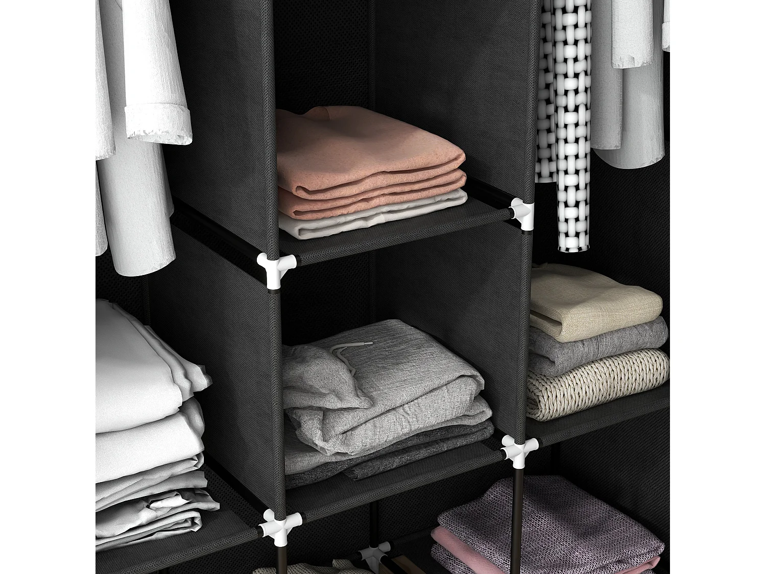 Armario plegable de tela negra con 8 estantes y barra para colgar ropa - 125 x 43 x 162,5 cm, práctico y ahorra espacio para dormitorio o pasillo.