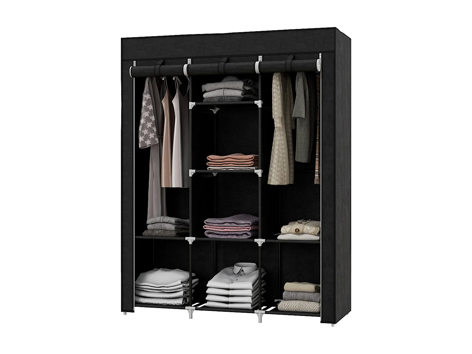 Armario plegable de tela negra con 8 estantes y barra para colgar ropa - 125 x 43 x 162,5 cm, práctico y ahorra espacio para dormitorio o pasillo.
