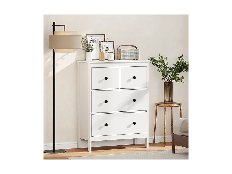 Commode 4 tiroirs pour vêtements et linge – Panneau de particules, blanc, pratique pour salon, chambre ou couloir