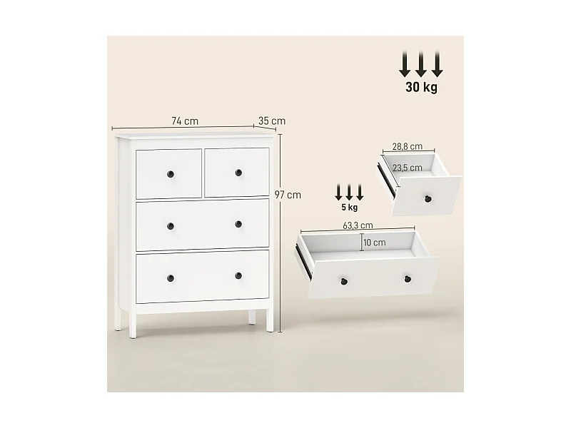 Commode 4 tiroirs pour vêtements et linge – Panneau de particules, blanc, pratique pour salon, chambre ou couloir