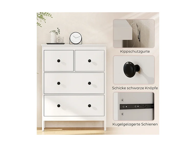 Commode 4 tiroirs pour vêtements et linge – Panneau de particules, blanc, pratique pour salon, chambre ou couloir