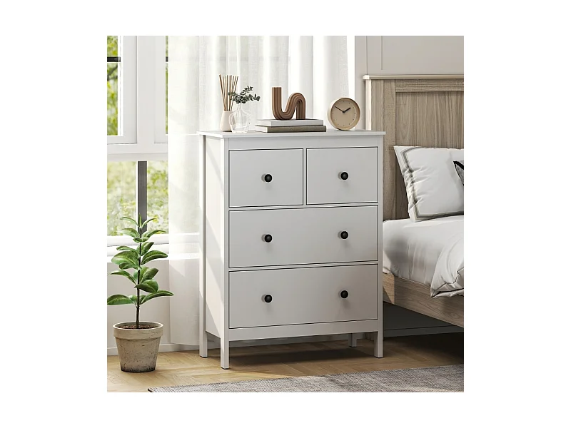 Commode 4 tiroirs pour vêtements et linge – Panneau de particules, blanc, pratique pour salon, chambre ou couloir