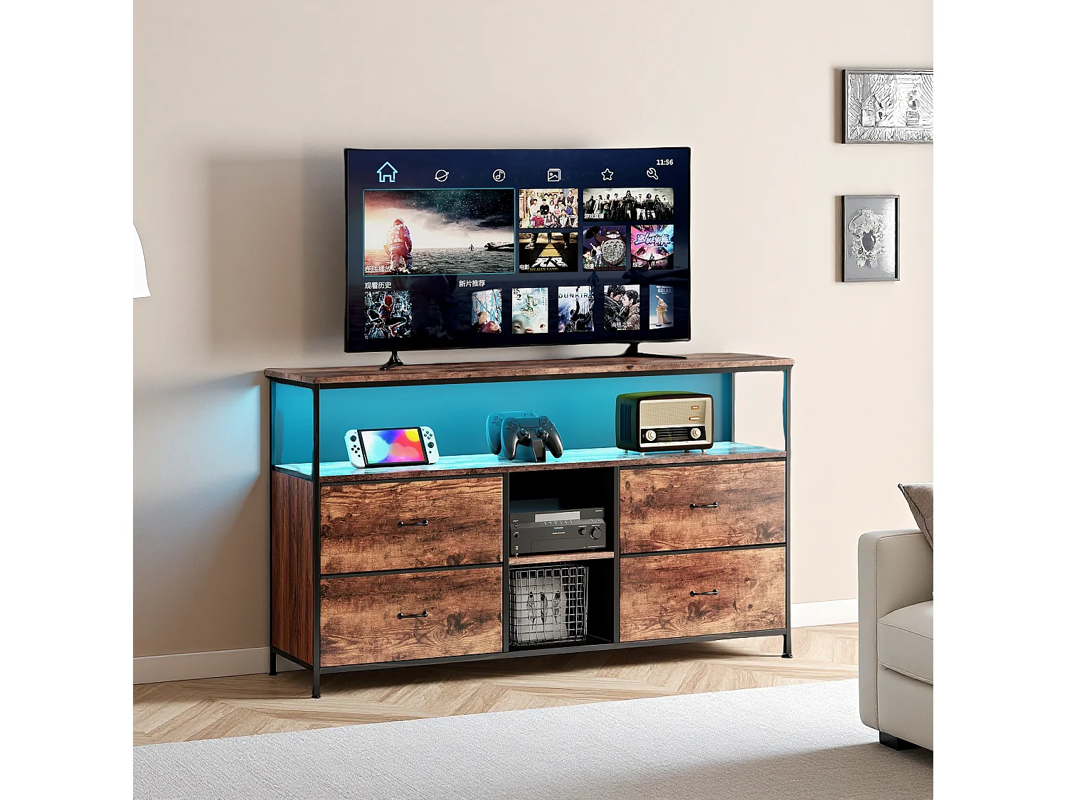 Meuble TV 108 cm LED, plateau effet bois tigre, 4 tiroirs tissu vintage, cadre métal robuste, pieds réglables, style rétro-moderne