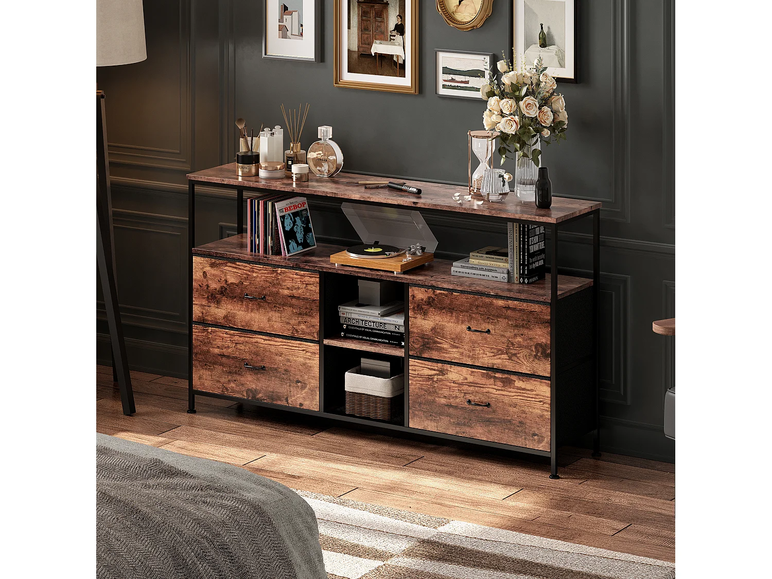 Meuble TV 108 cm LED, plateau effet bois tigre, 4 tiroirs tissu vintage, cadre métal robuste, pieds réglables, style rétro-moderne