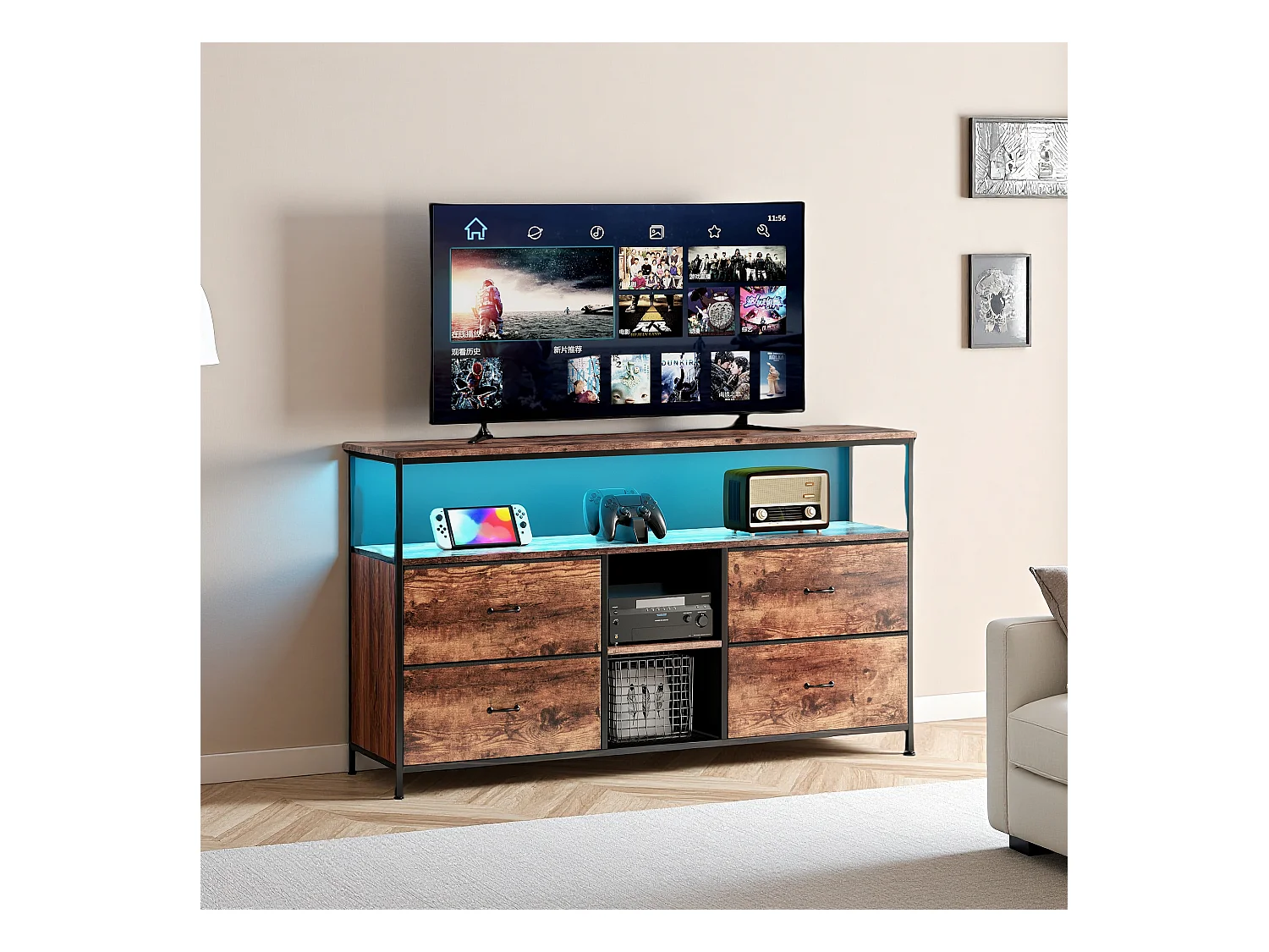TV-meubel van 108 cm met ledverlichting, tijgerhoutlook bovenkant, 4 vintage stoffen lades, stevig metalen frame, verstelbare poten, retro-moderne stijl