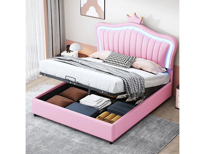 Mädchenbett 140x200 cm in rosa Kunstleder mit LED - Hydraulische Aufbewahrungsbox, Kronenkopfteil, Basis und Rückenlehne