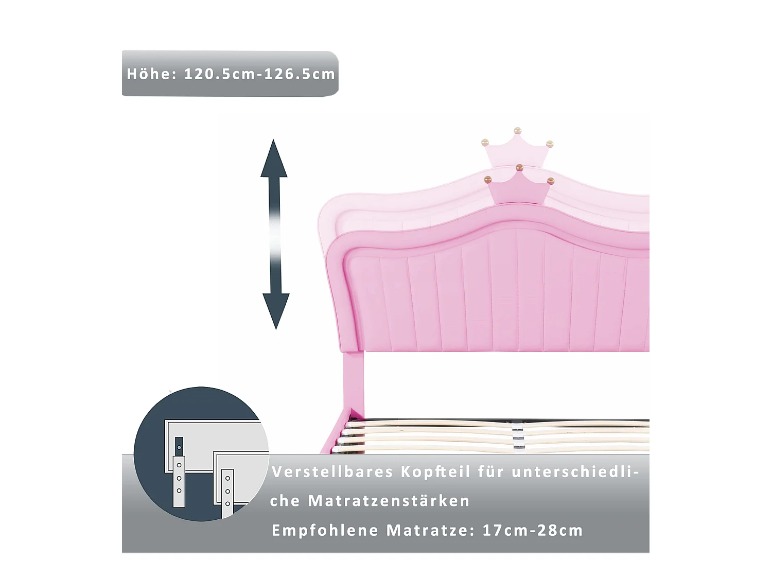 Lit fille 140x200 cm en simili cuir rose avec LED – Coffre de rangement hydraulique, tête de lit couronne, sommier et dossier