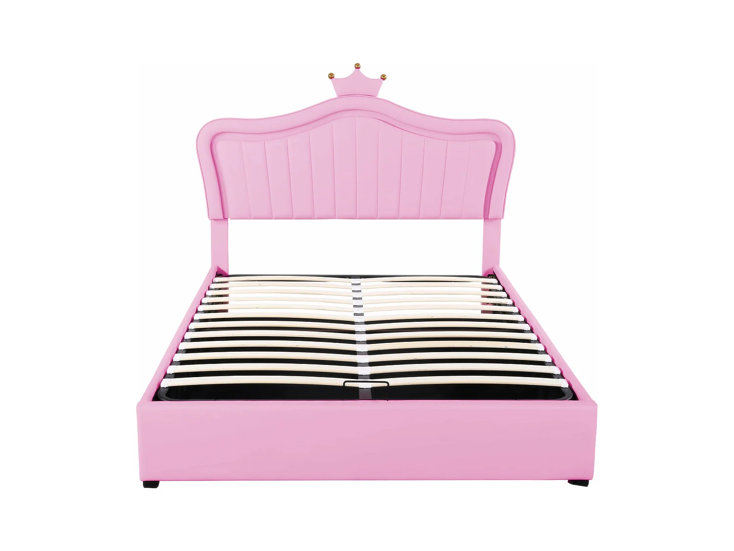 Lit fille 140x200 cm en simili cuir rose avec LED – Coffre de rangement hydraulique, tête de lit couronne, sommier et dossier