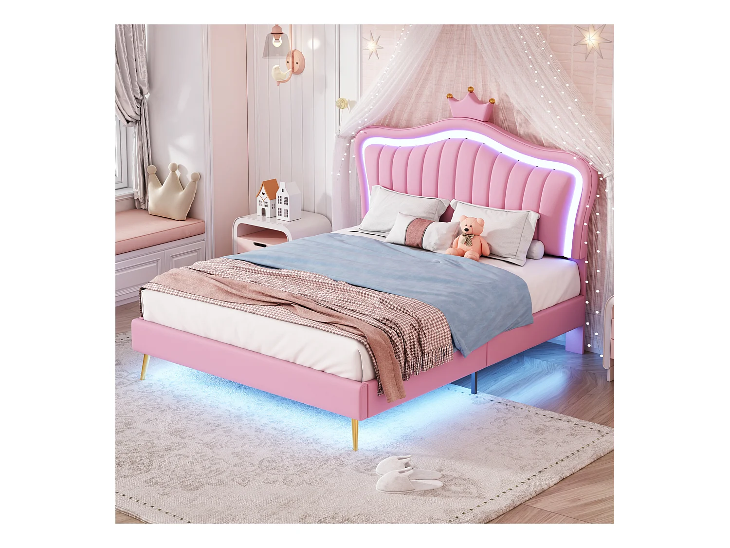 Lit fille 140x200 cm en simili cuir rose avec LED – Tête de lit couronne, sommier inclus, sans matelas