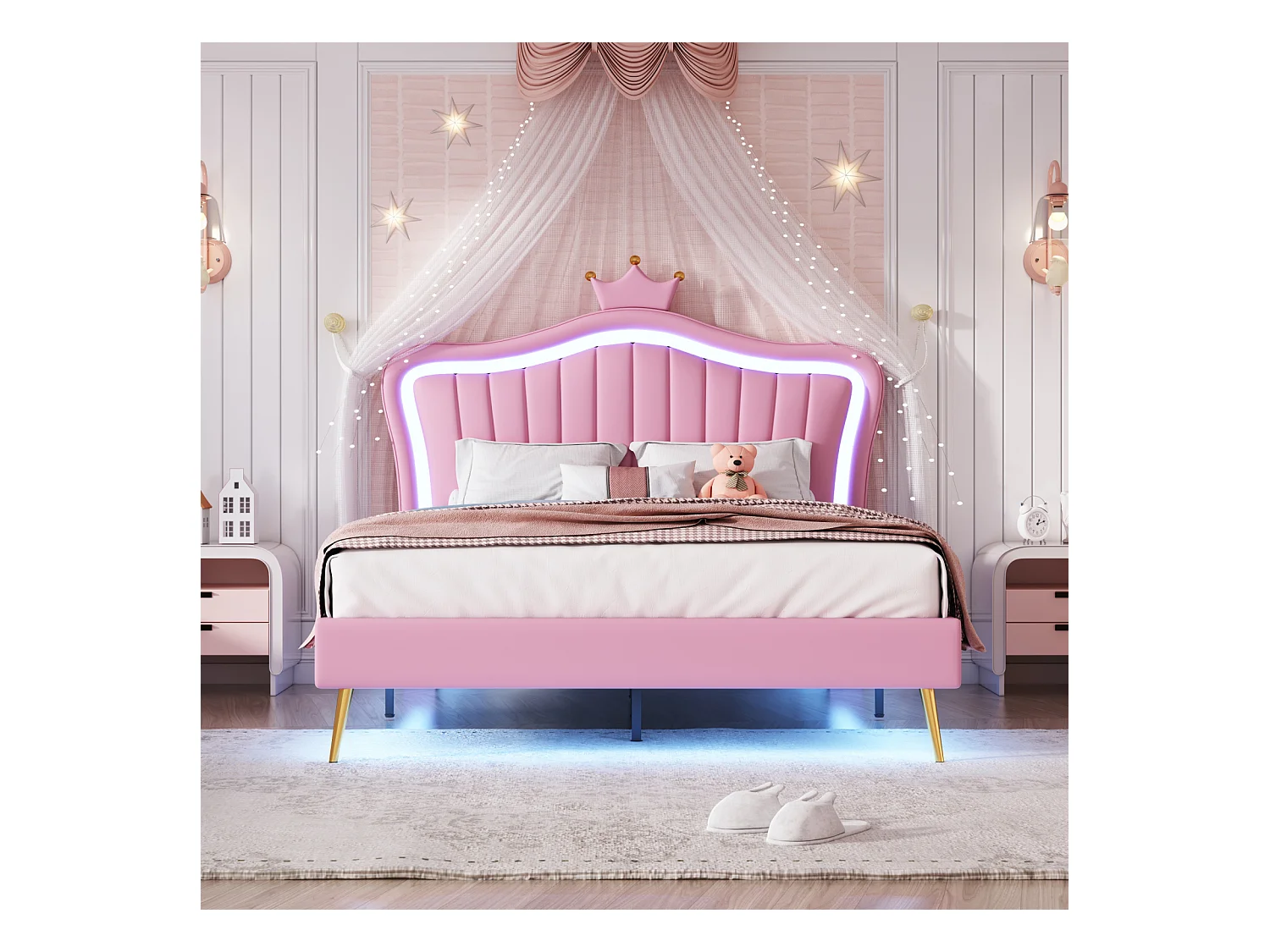 Lit fille 140x200 cm en simili cuir rose avec LED – Tête de lit couronne, sommier inclus, sans matelas