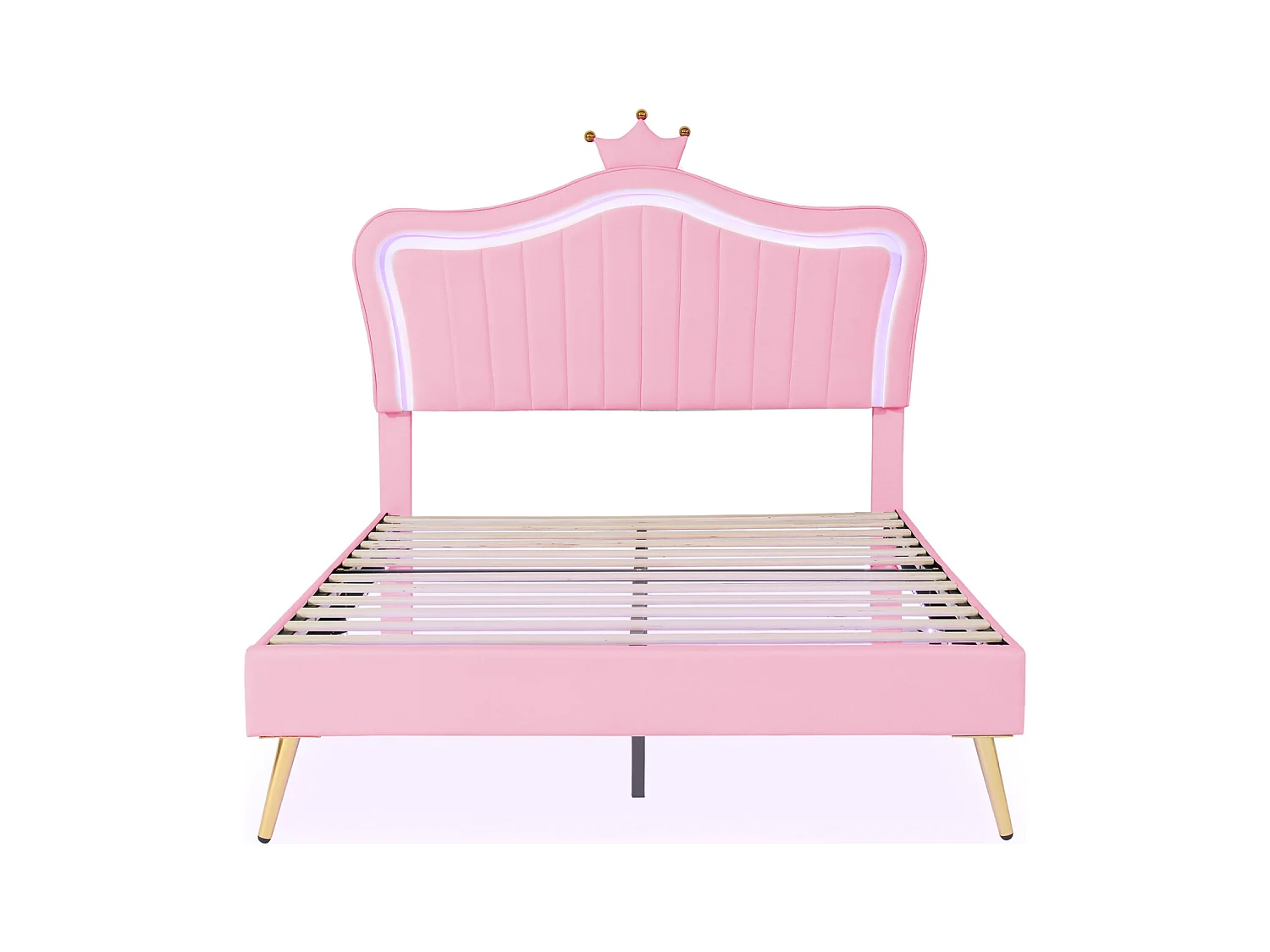 Lit fille 140x200 cm en simili cuir rose avec LED – Tête de lit couronne, sommier inclus, sans matelas