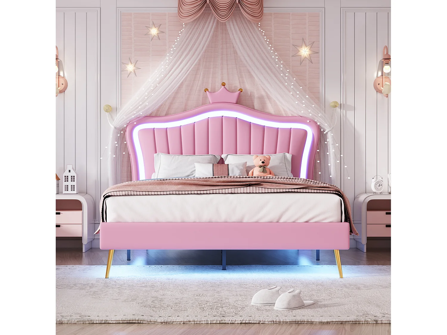 Cama de menina 140x200 cm em pele sintética rosa com LED - Cabeceira Crown, base incluída, sem colchão