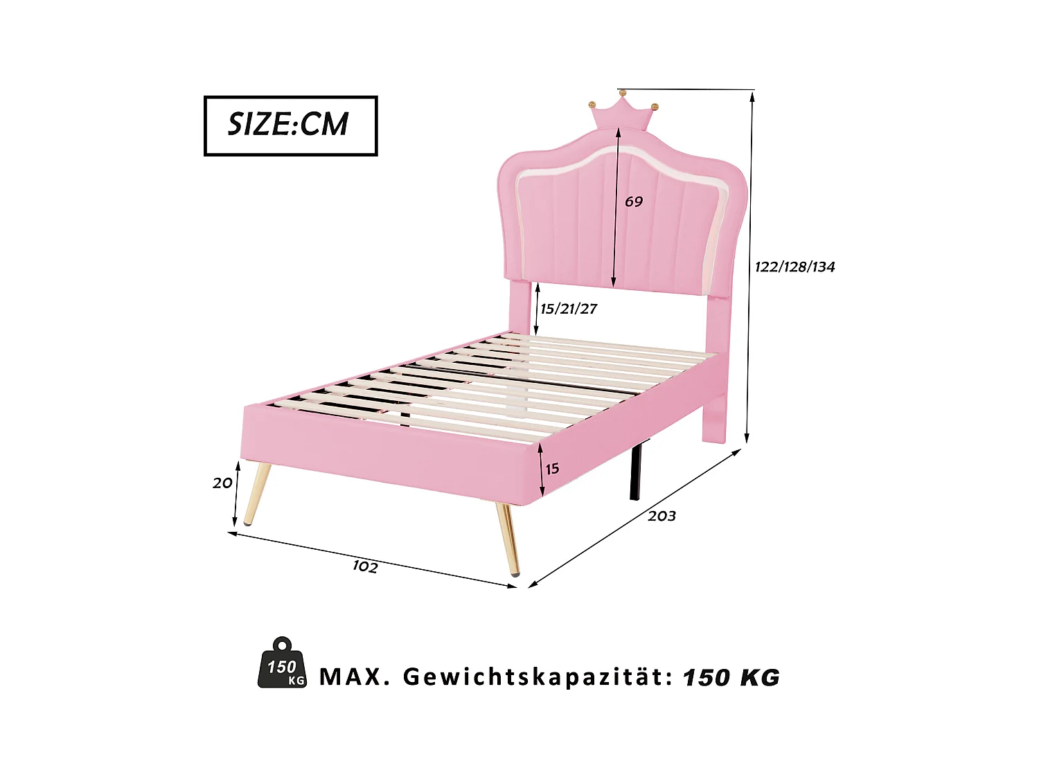 Cama niña 90x200 cm en polipiel rosa - Cabecero Crown con LED, base y respaldo, sin colchón