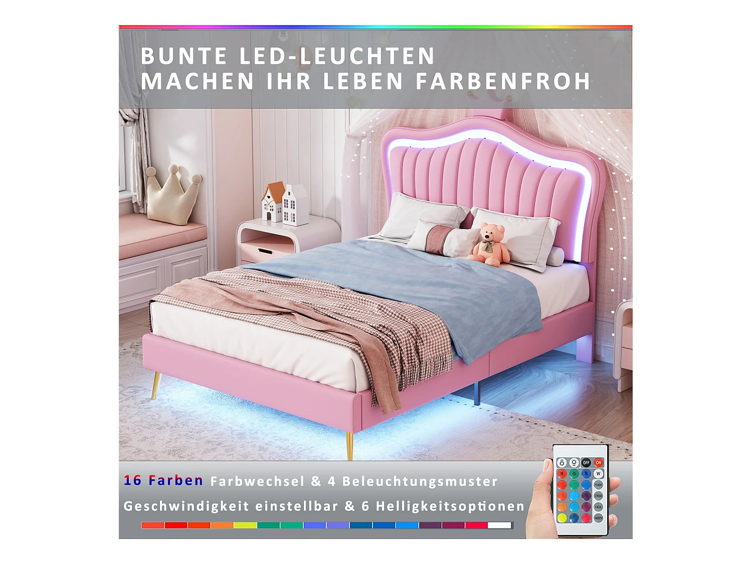 Cama niña 90x200 cm en polipiel rosa - Cabecero Crown con LED, base y respaldo, sin colchón