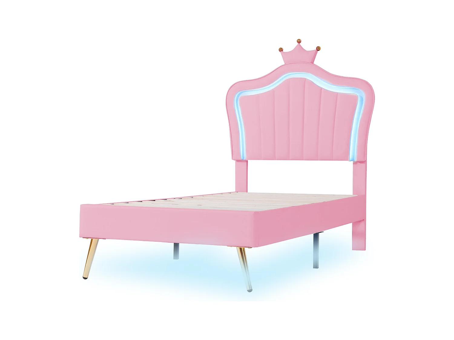 Cama niña 90x200 cm en polipiel rosa - Cabecero Crown con LED, base y respaldo, sin colchón
