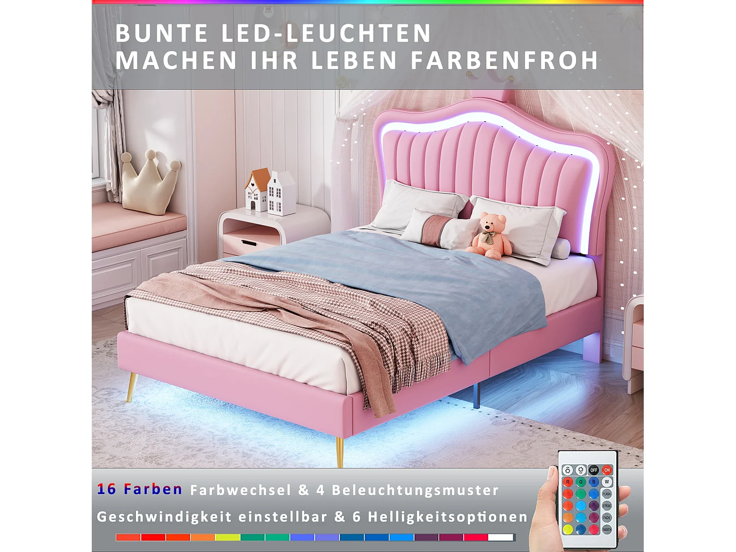 Lit fille 90x200 cm en simili cuir rose – Tête de lit couronne avec LED, sommier et dossier, sans matelas