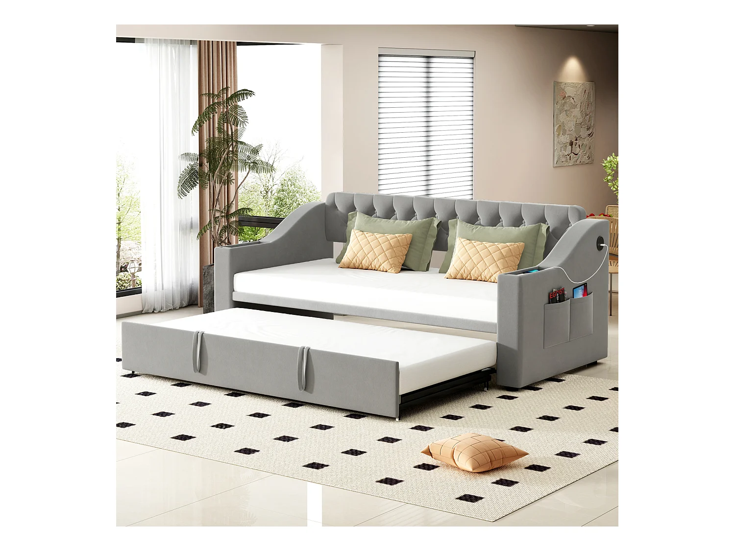 Schlafsofa 90/180x190 cm in grauem Samt – Breite Armlehnen mit USB-Anschluss, integriertem Stauraum und Taschen