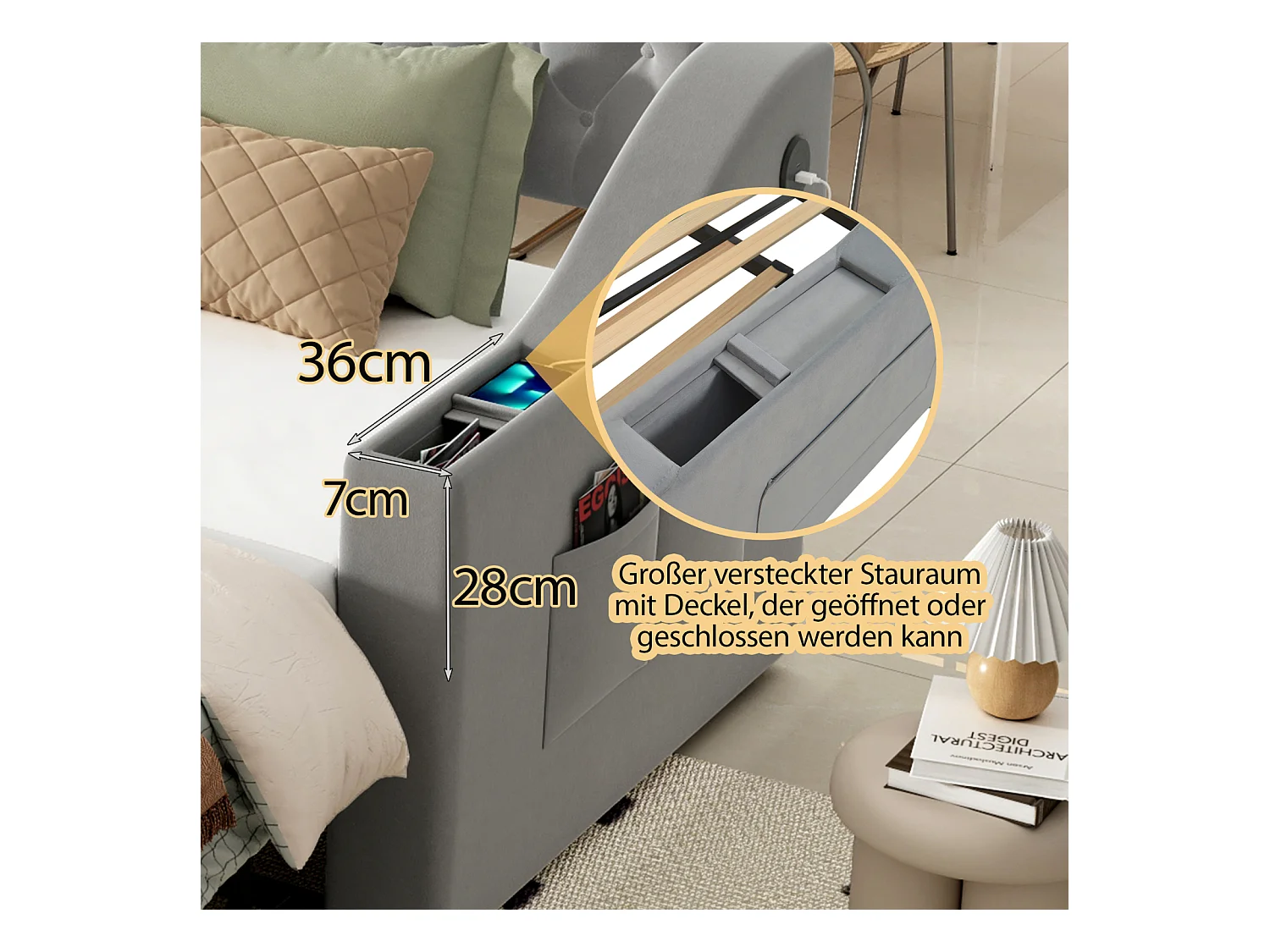 Schlafsofa 90/180x190 cm in grauem Samt – Breite Armlehnen mit USB-Anschluss, integriertem Stauraum und Taschen