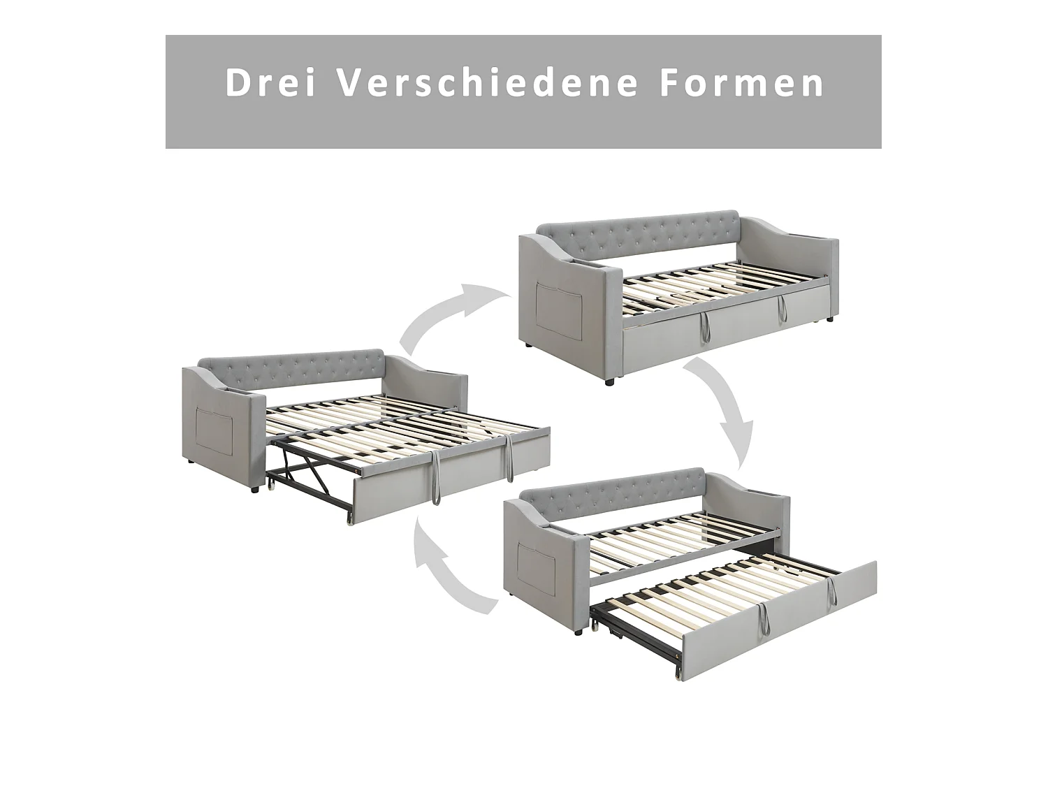 Schlafsofa 90/180x190 cm in grauem Samt – Breite Armlehnen mit USB-Anschluss, integriertem Stauraum und Taschen