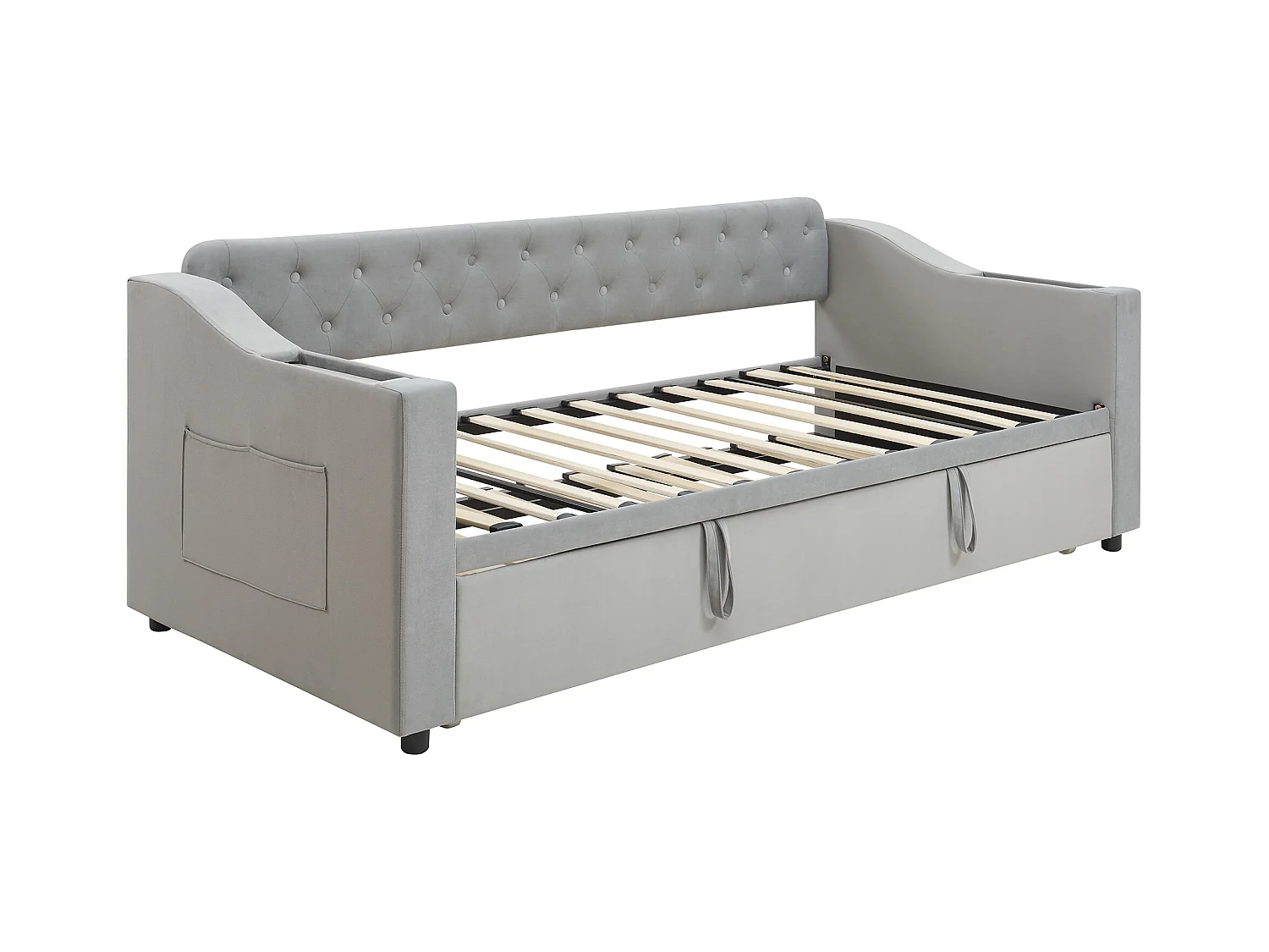 Schlafsofa 90/180x190 cm in grauem Samt – Breite Armlehnen mit USB-Anschluss, integriertem Stauraum und Taschen